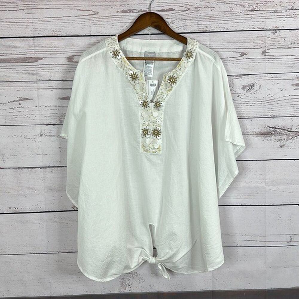 Chicos Top Shirt Womens 16 White Linen Blend Flowy Coastal Beach Embroidered NWT